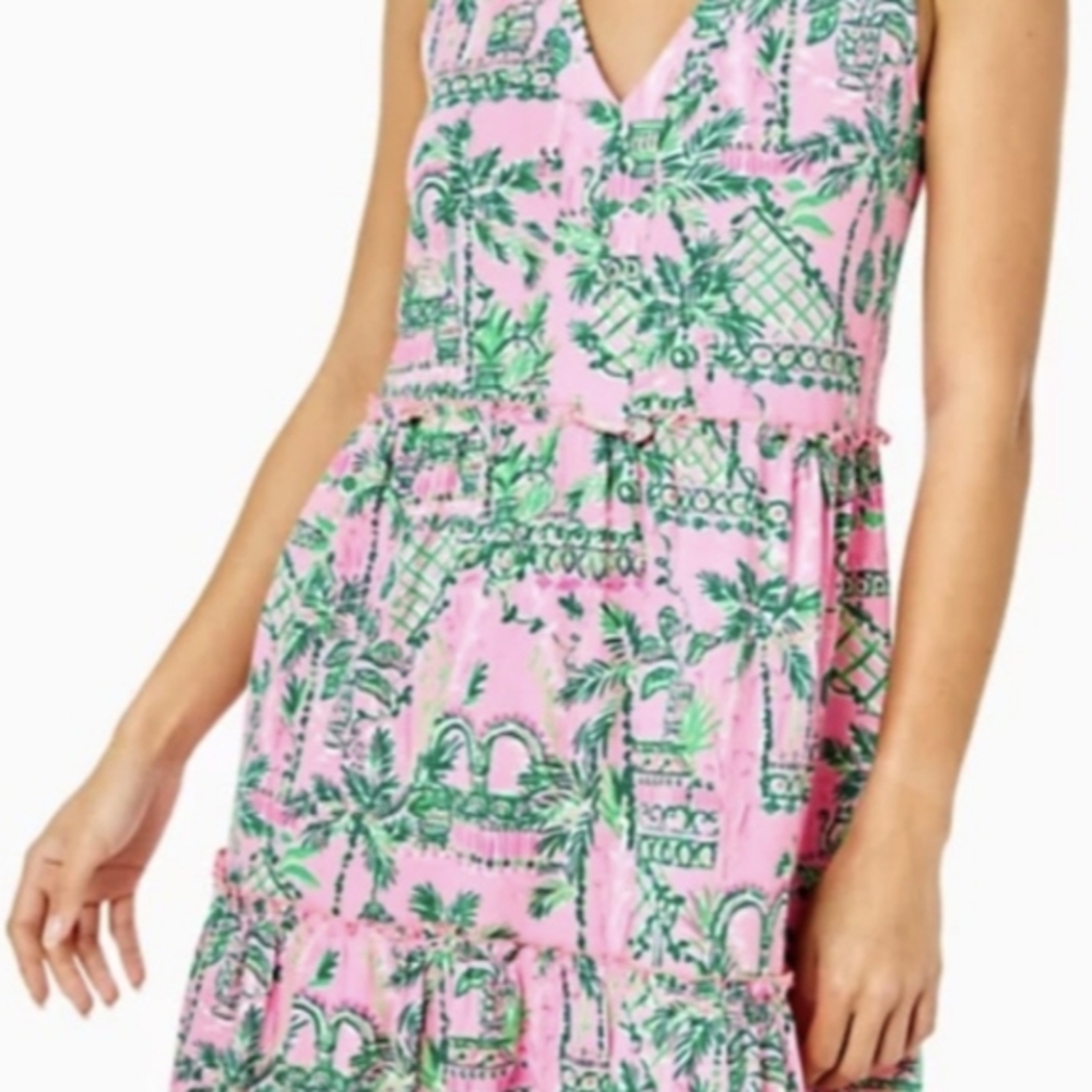 Lilly Pulitzer Lorina Swing Dress XS Pink Green  Casual Tiered Romantic $169